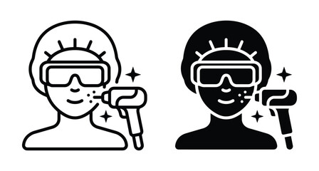 Fototapeta premium Laser facial treatment icon set showing woman wearing protective goggles and hair cap receiving professional skin rejuvenation dermatology procedure