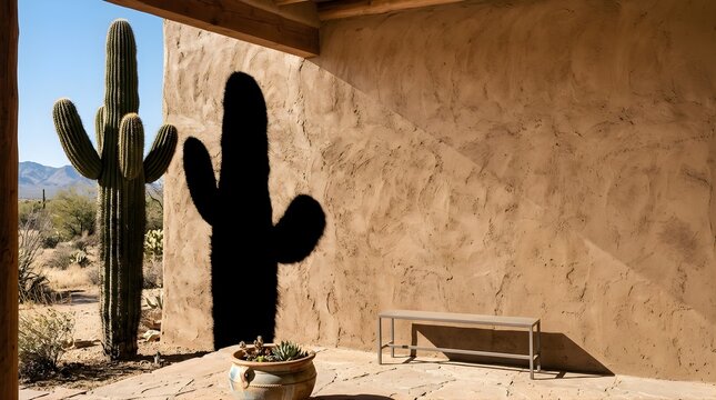 Saguaro cactus casting a shadow on a rustic adobe wall in the desert