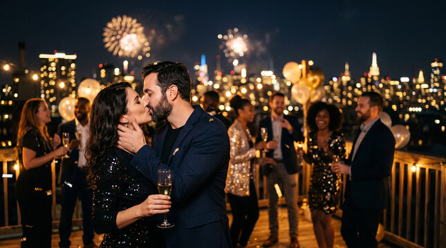 Couple kissing at an elegant rooftop celebration while guests mingle with champagne beneath glowing city lights and fireworks, creating a romantic New Year's Eve atmosphere with festive evening energy