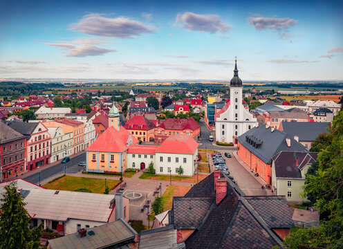 Attractive afternoon view of The Most Holy Trinity Church. Stunning summer cityscape of Javornik town, District in the Olomouc Region, Czech Republic, Europe. Traveling concept background.