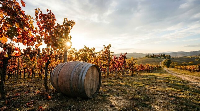 Autumn vineyard landscape with a barrel at sunset