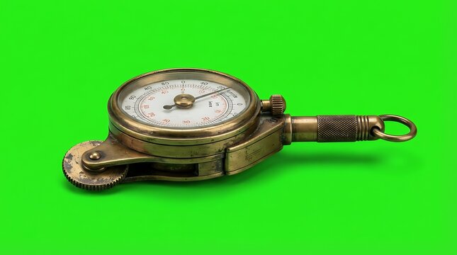 A vintage brass map measuring wheel isolated on a bright green background