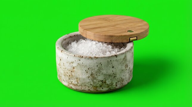 A ceramic salt cellar with a wooden lid against a vibrant green background