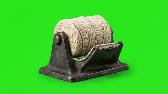 A vintage metal twine dispenser holding a large roll of natural fiber string
