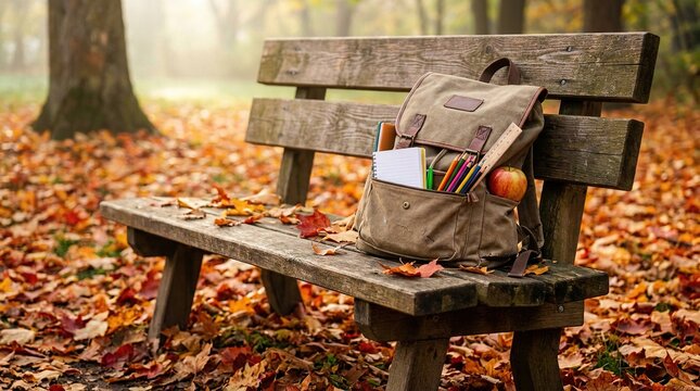 Back to school concept with a backpack, apple, and supplies on a rustic wooden park bench surrounded by autumn leaves