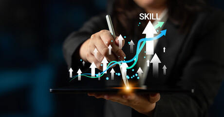 Business Professional Illustrating Growth and Skill Development with Graph Chart Using Digital...