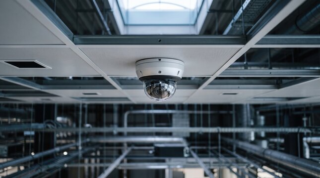Dome security camera mounted on a modern industrial ceiling grid for surveillance and monitoring