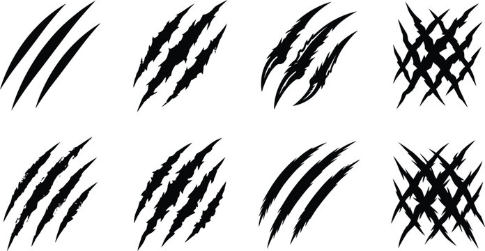 Monster claw marks set, black animal scratch vector icons, 8 aggressive torn rip effects for gaming and horror design