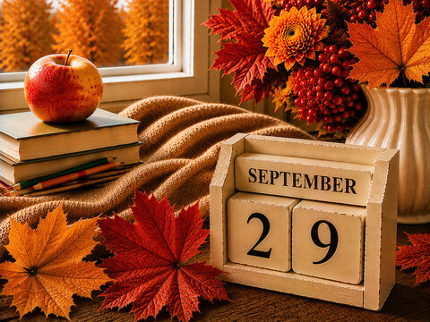 September 29 date on vintage wooden block calendar with autumn maple leaves, red apple, books and cozy blanket by window