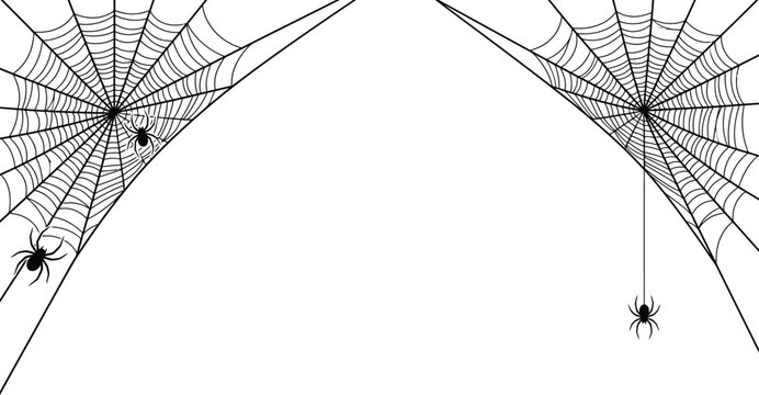 Spider web corner borders with hanging spiders, black cobweb vector set, spooky Halloween decorative elements for frames