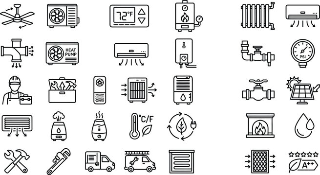 HVAC and climate control line icons, 30 heating and cooling system vector elements, air conditioning and ventilation service symbols