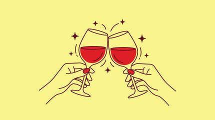 Obraz premium Retro line art of hands clinking red wine glasses. Minimalist toast illustration for celebration. Vintage wine glass vector.