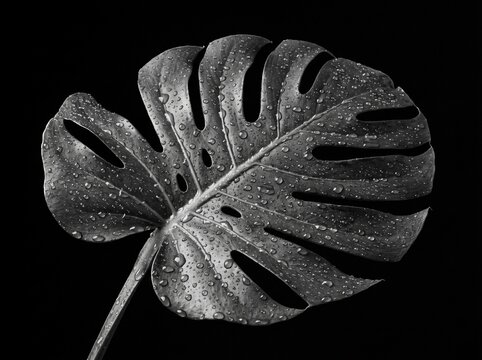 Single monstera leaf with water droplets on black background
