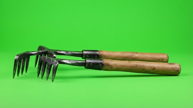 Two vintage hand rakes with wooden handles on a solid green background