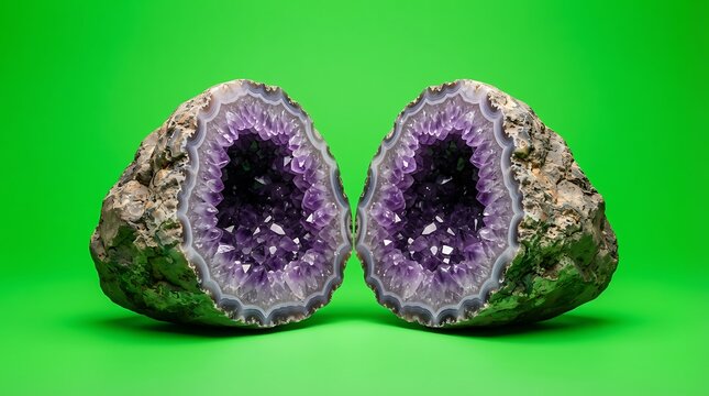 Two halves of a sparkling geode with purple crystals on a green background
