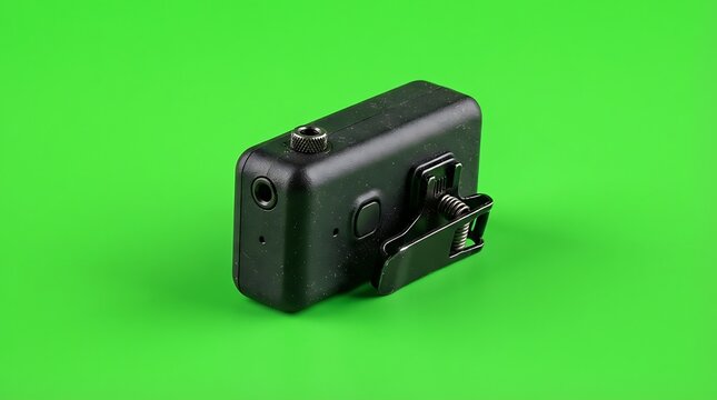 A compact black wireless lavalier microphone transmitter on a green screen
