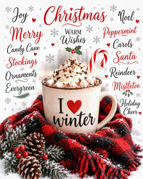 A cozy scene features a mug of hot chocolate topped with whipped cream and marshmallows, adorned with a candy cane, surrounding a festive word cloud that creates a cheerful winter vibe
