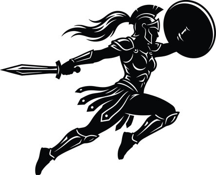 Dynamic spartan woman warrior running forward holding sharp sword and protective shield in bold vector illustration