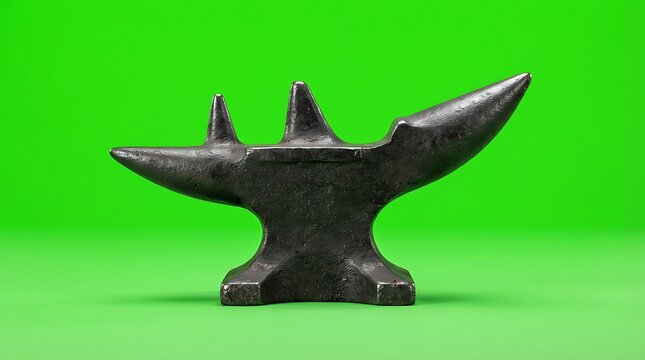 A vintage metal anvil isolated against a vibrant green background studio shot
