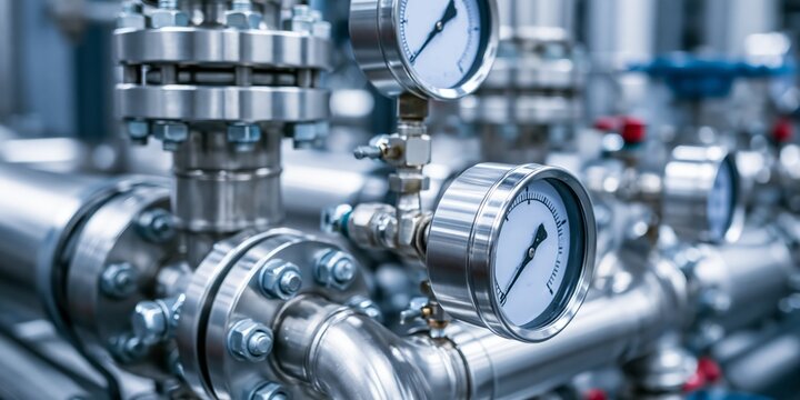 Detailed view of metallic industrial piping system featuring pressure gauges and flanges in a manufacturing plant.