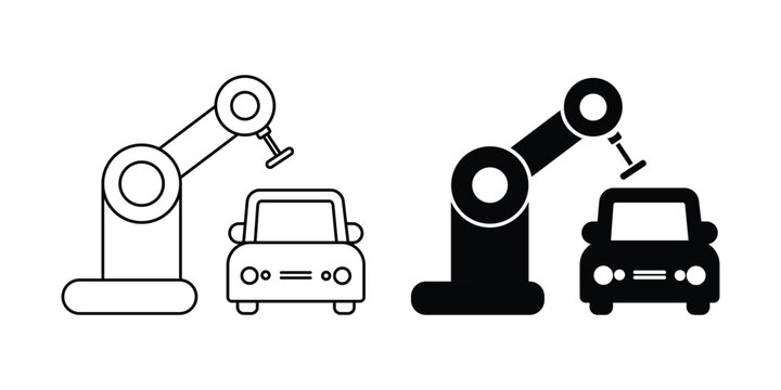Robotic Car Painting Arm Icons Set for Automated Automotive Manufacturing Industrial Factory Technology Vector Illustration.