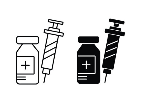 Medical injection and medicine bottle icon set representing healthcare treatment vaccination pharmacy and clinical services vector illustration.