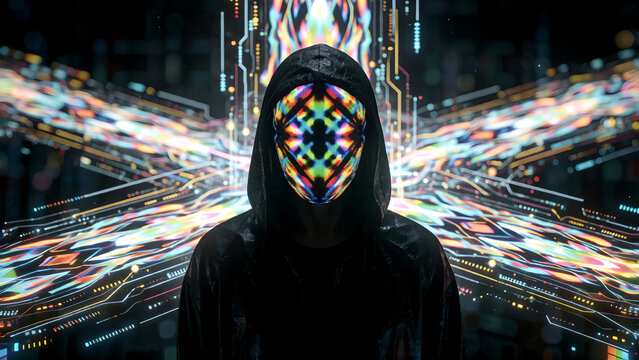 A hooded hacker with a digital futuristic glowing face surrounded by abstract cyber data.