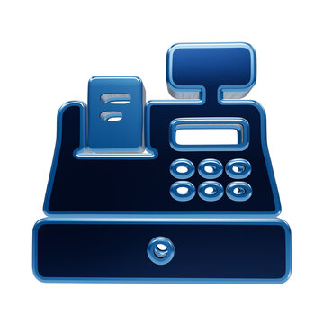 Isolated 3d blue glossy cash register icon for retail and point of sale business concepts transparent background