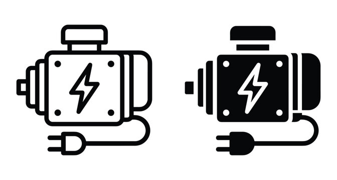 Electric motor generator icon set with lightning bolt symbol and power plug cable for industrial energy and power supply equipment