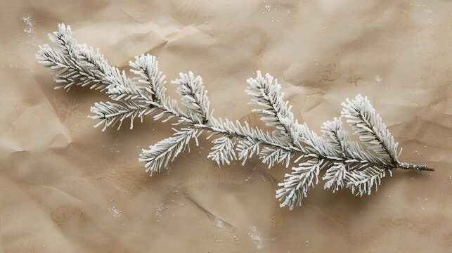 Frosted White Pine Twig Resting on Recycled Brown Kraft Paper