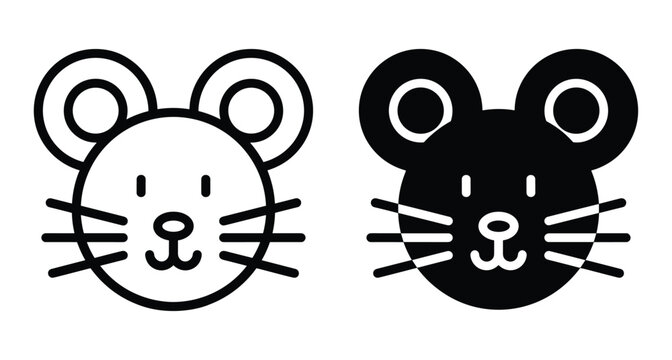 Mouse head icon set featuring cute rodent face in outline and solid black silhouette styles for web and graphic design