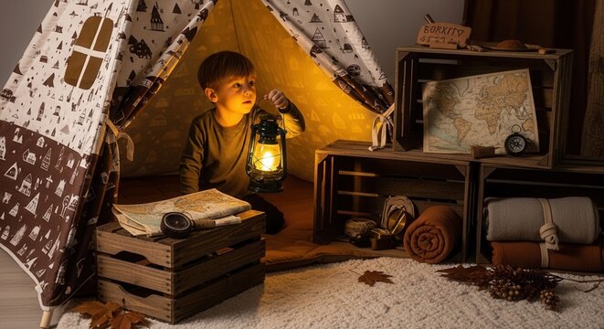 Young Adventurer Ignites Imagination With Vintage Lantern Inside Cozy Teepee