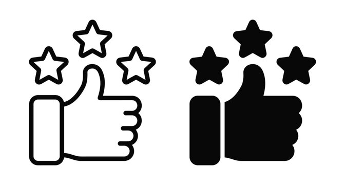 Thumbs up with three stars icon set representing customer feedback rating satisfaction review success approval quality positive experience recommendation service vector