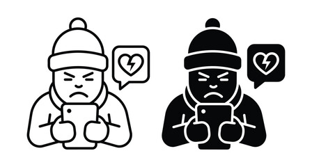 Fototapeta premium Angry person using smartphone with broken heart speech bubble icon representing cyberbullying online harassment digital stress and negative social media