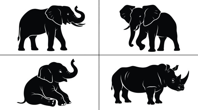 Four african wildlife animals elephants and rhino black silhouette