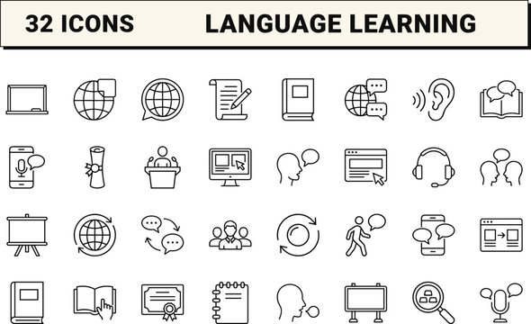 Language learning line icon set. Vector pictograms of translation, education, global, and communication elements, thin linear illustration.