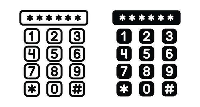 Numeric keypad icon set with password entry field showing asterisks for secure pin code access and digital security interface design