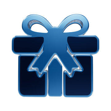 Isolated 3d glossy blue gift box icon with ribbon bow for holiday celebration and special occasion design transparent background