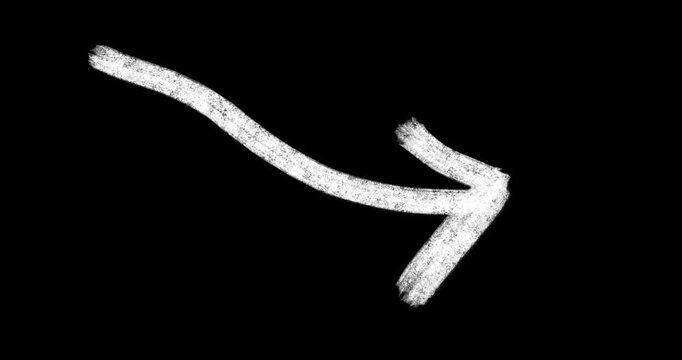 Animated hand-drawn white arrow doodle video overlay. Sketchy looped pointing marker with transparent alpha channel for tutorials and vlogs, video and presentations editing integration.