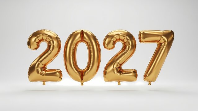 Gold 2027 Balloon Numbers Isolated on Bright White Background