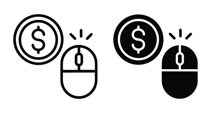 Pay per click icon set featuring dollar coin and computer mouse symbols for digital marketing online earning and ecommerce business concepts
