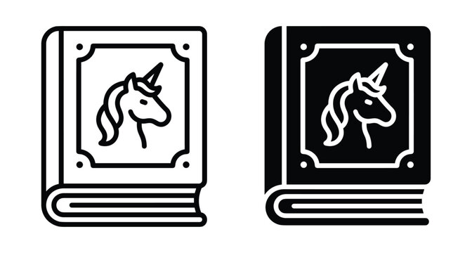 Unicorn story book icon set with outline and solid versions for fantasy literature children reading magic tales and mythical creature adventures