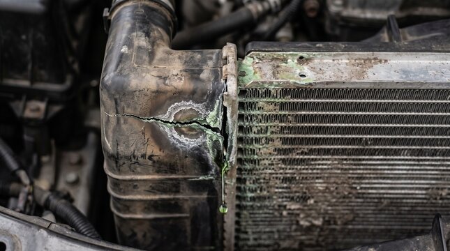 Damaged car radiator with crack and green coolant leak. Broken automotive cooling system part. Close up of engine failure and overheating issue