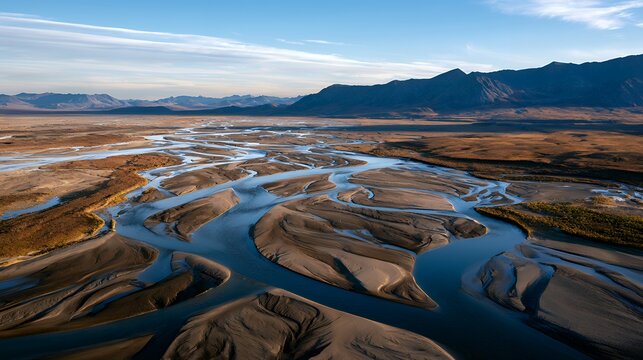 Aerial view of a braided river winding through a vast natural landscape at sunset