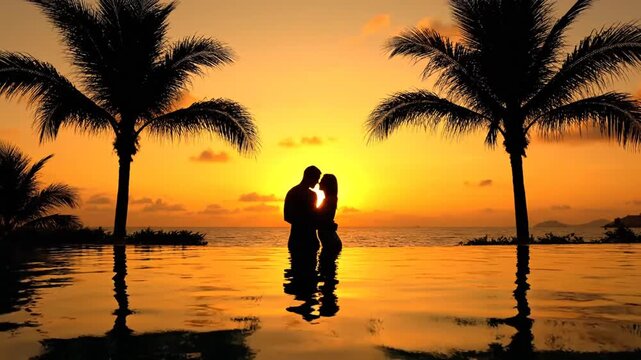 A couple stands in a pool during a beautiful golden sunset