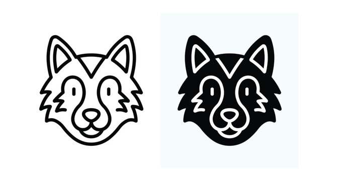 Wolf head icon set featuring outline and solid black glyph styles for wildlife nature animal logo design and graphic projects