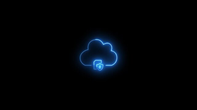 Glowing blue neon cloud file storage with secure shield animation on a black background, cyber security, data privacy, cloud hosting, or network safety