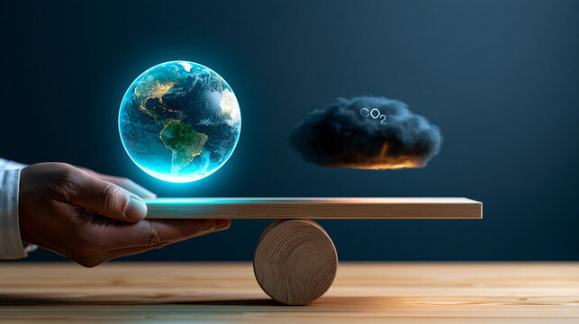 Hand balancing a glowing earth globe against a dark CO2 cloud on a wooden seesaw, global climate action, carbon footprint reduction, environmental balance, net zero strategy,