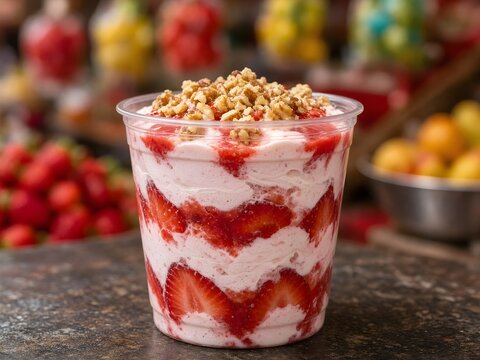 Mexican Street Style Fresas con Crema Clear Cup Layered with Sweet Cream and Granola