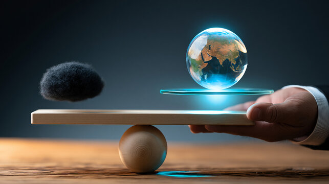 Hand balancing a glowing earth globe against a dark CO2 cloud on a wooden seesaw, global climate action, carbon footprint reduction, environmental balance, net zero strategy,